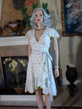 Marc Jacobs White Yellow Floral Cotton & Silk Faux Wrap Dress Size 6